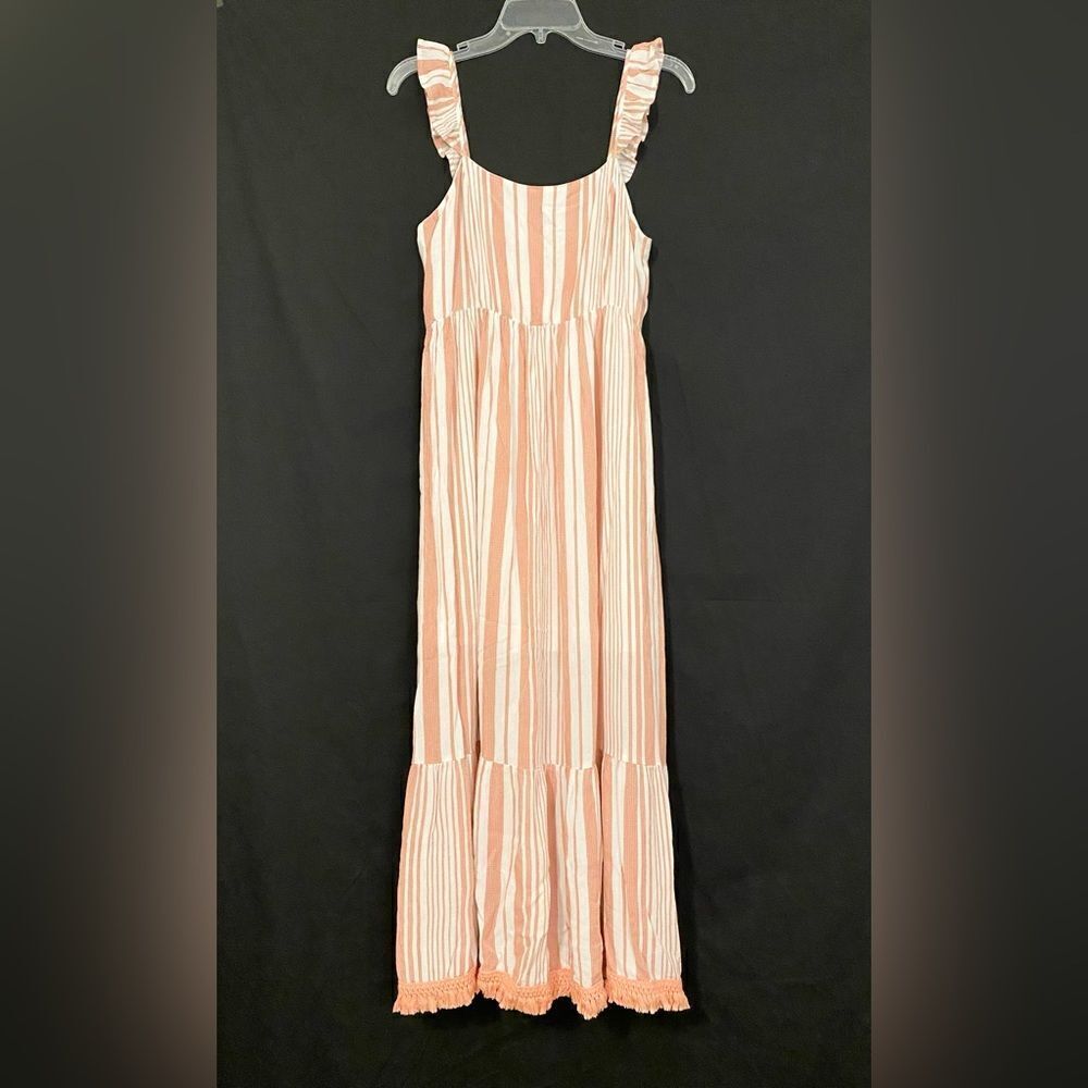 Staccato summer dress beach boho size large pink & white stripes ruffles fringe